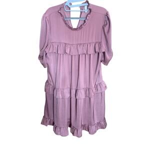 Glam Women's Large Mauve Pink Ruffle Tiered Mini Dress Boho flowy puffed sleeves